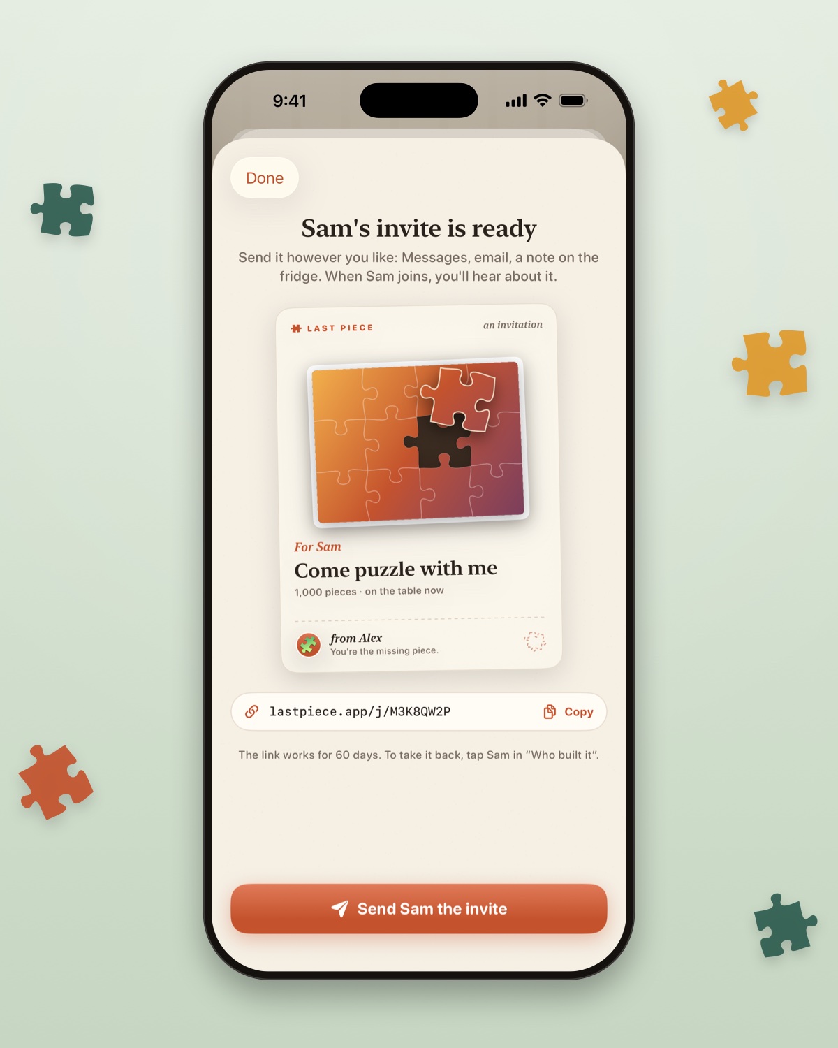 An invitation card for Sam to come puzzle, with a lastpiece.app link to send