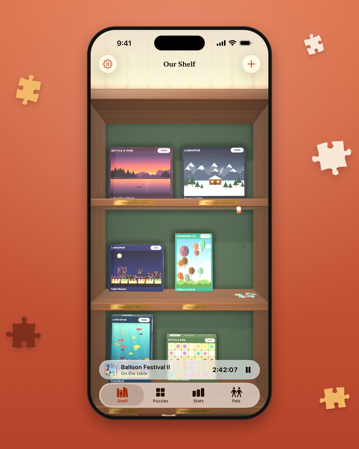 A wooden bookcase in 3D holding puzzle boxes with their real lids