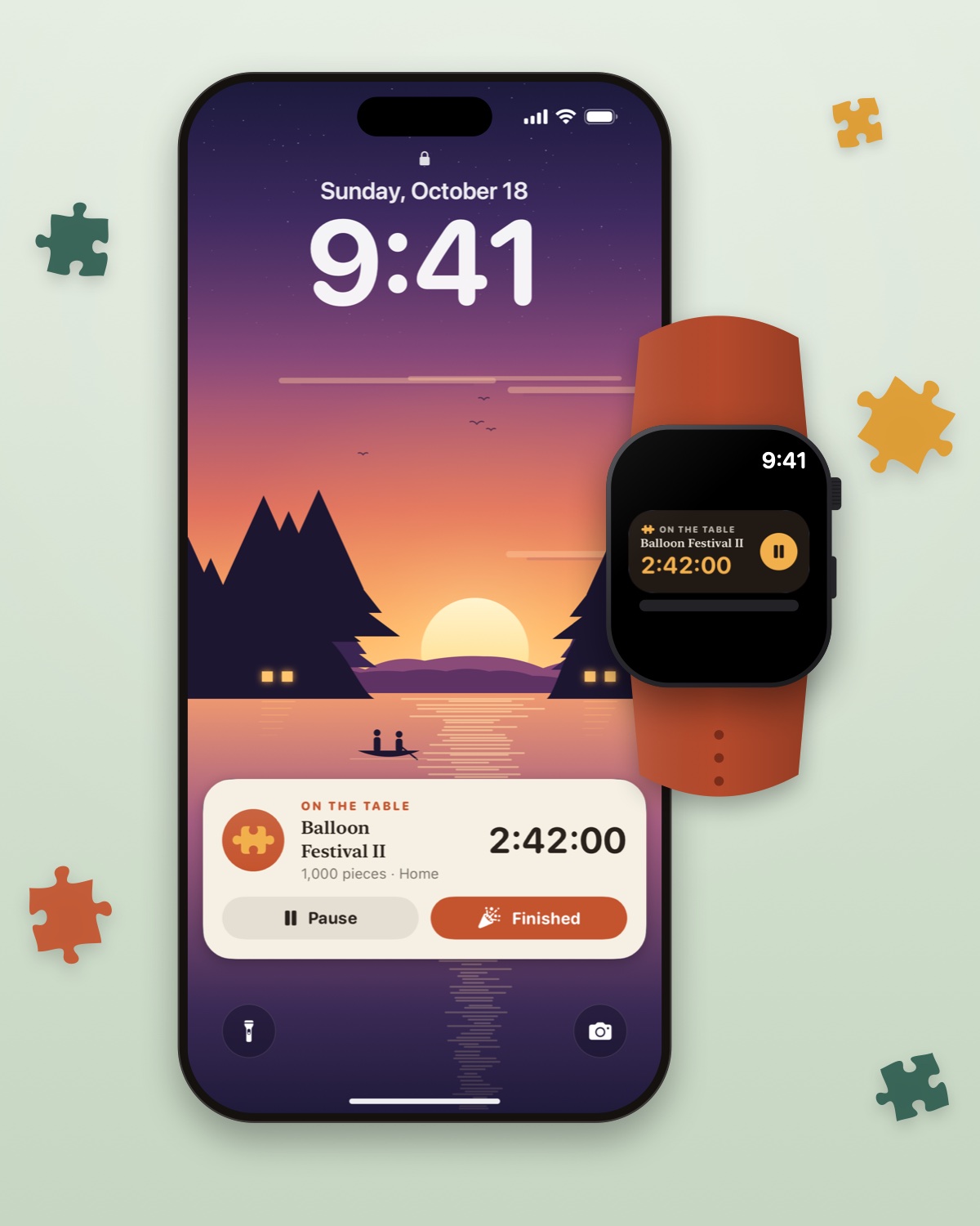 A Lock Screen with the puzzle timer running and Pause and Finished buttons, next to an Apple Watch showing the same timer
