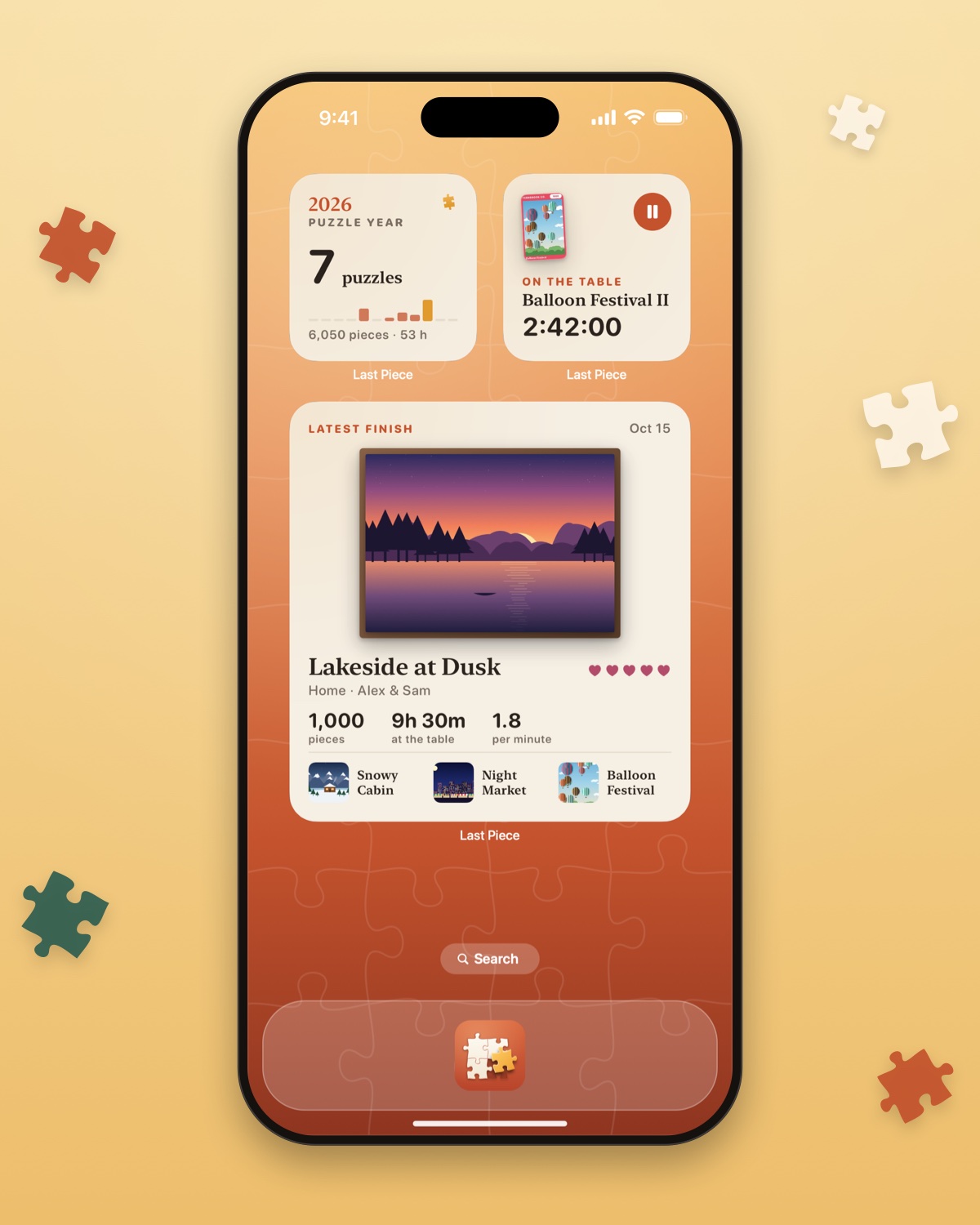 A Home Screen with Last Piece widgets: the puzzle year, the puzzle on the table and the latest finish