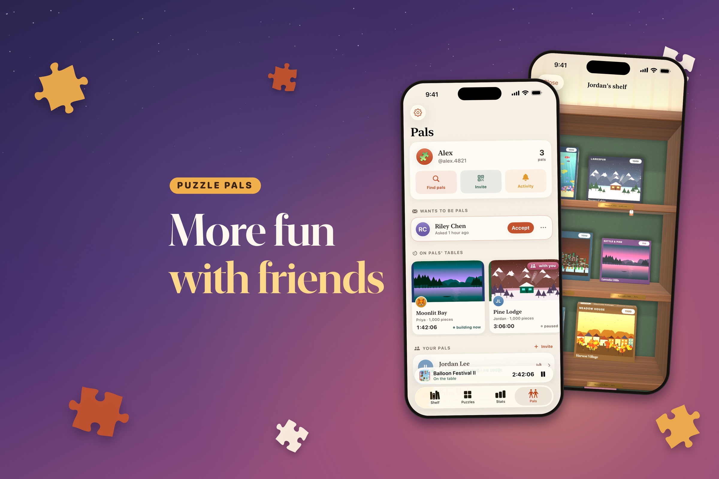 Puzzle Pals: more fun with friends. The Pals tab next to a friend's shelf of puzzle boxes